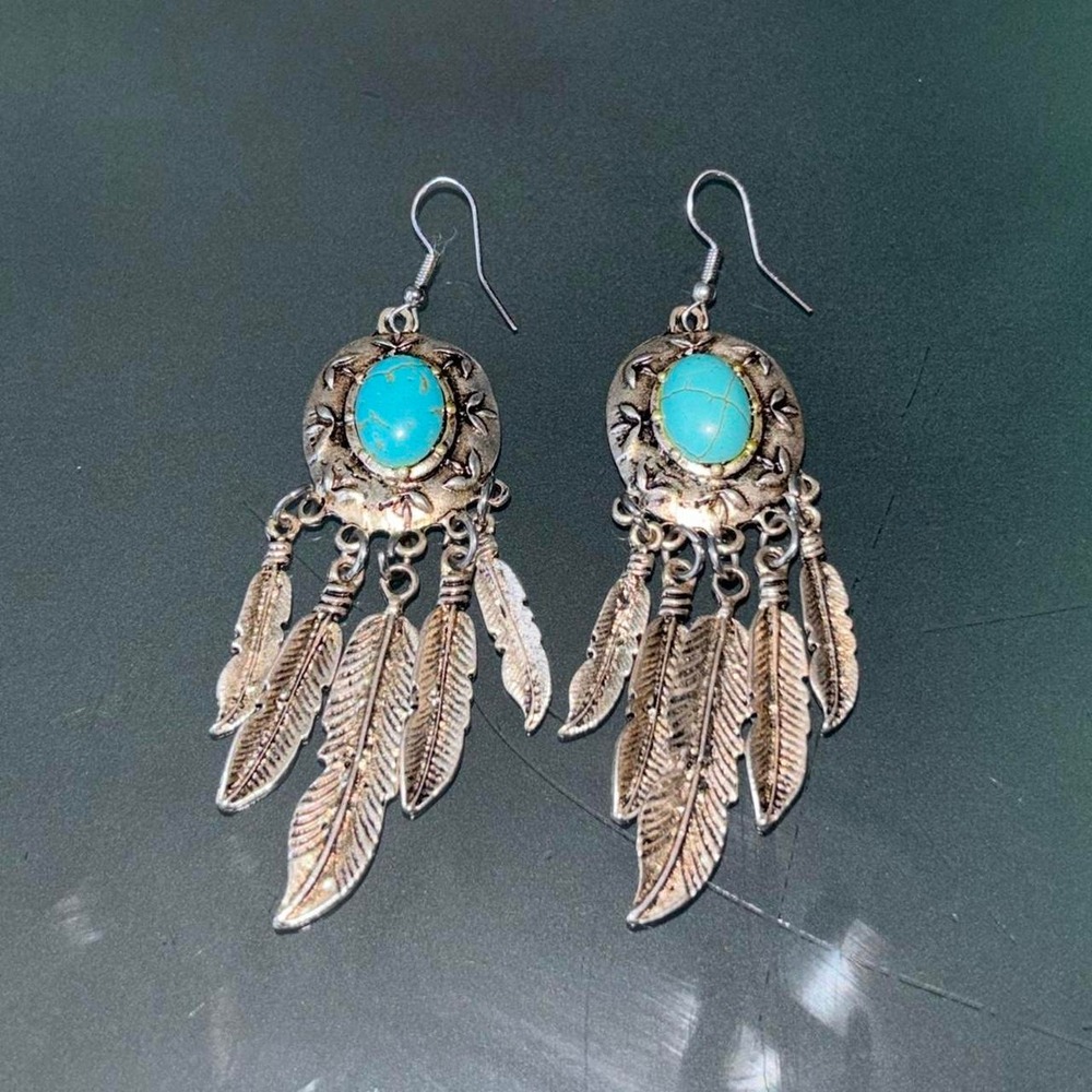 Turquoise Feather Drop Earrings | Western Boho Statement 🪶